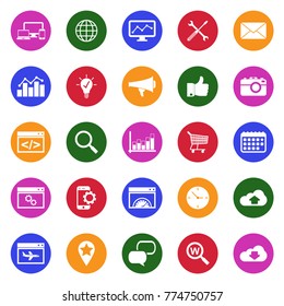 Search Engine Optimization Icons. White Flat Design In Circle. Vector Illustration. 