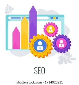 Search engine optimization Infographics Pictogram. SEO strategy. Marketing and management. Website optimization. Successful business of company in market. Flat vector illustration.