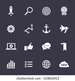 Search engine optimization, internet marketing icons. Clean vector icons on black