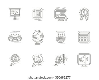 Search engine optimization, internet research. Thin flat line vector icons set. Strategy, ideas, magnifier, quality and other symbols. Elements of web design for business and site.