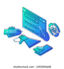Search engine optimization isometric color vector illustration. SEO research linear icons infographic. Internet marketing, ranking 3d concept. Gradient isolated design elements on white background
