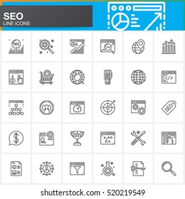 Search engine optimization line icons set, SEO outline vector symbol collection, linear pictogram pack isolated on white, logo illustration