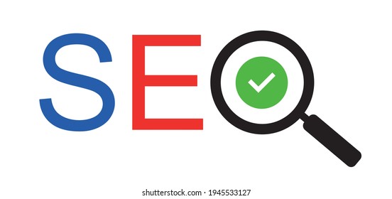 Suchmaschinenoptimierung mit Vergrößerungsglas und grünem Bestätigungszeichen. SEO-Logo. Vektorgrafik.