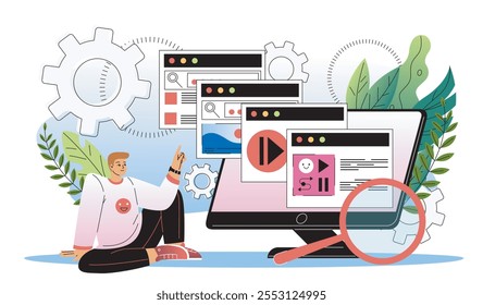 Optimización de motores de búsqueda. Hombre sentado cerca del monitor de la computadora y la lupa. Especialista en SEO en el lugar de trabajo. Descripción y Palabra clave. Ilustración vectorial plana aislada sobre fondo blanco