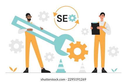 Optimización del motor de búsqueda. Hombres parados cerca de una gran llave con engranajes. Expertos y especialistas promueven páginas en Internet. Estimación del tráfico y optimización de páginas web. Dibujo vectorial plano de dibujos animados