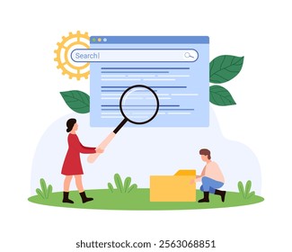 Search engine optimization, online marketing strategy. Tiny people study browser search results with magnifying glass to optimize internet algorithm and control surfing cartoon vector illustration