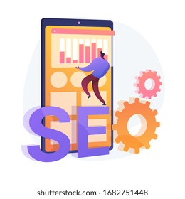 Search engine optimization. Online promotion. Smm manager cartoon character. Mobile settings, tools adjustment, business platform. Website analysis. Vector isolated concept metaphor illustration