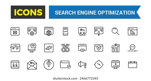 Search Engine Optimization Outline web icons set. Thin line web icon collection. Icon collection. Editable vector icon and illustration.