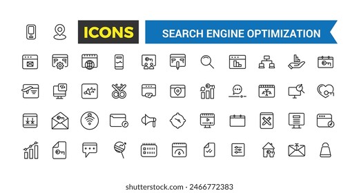 Conjunto de iconos web de esquema de optimización del motor de búsqueda. Colección de Web de línea fina. Colección de iconos. Icono de Vector editable e ilustración.