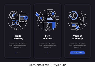 Search engine optimization pillars night mode onboarding mobile app screen. Walkthrough 3 steps editable instructions with linear concepts. UI, UX, GUI template. Myriad Pro-Bold, Regular fonts used