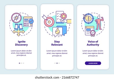 Search engine optimization pillars onboarding mobile app screen. Walkthrough 3 steps editable graphic instructions with linear concepts. UI, UX, GUI template. Myriad Pro-Bold, Regular fonts used