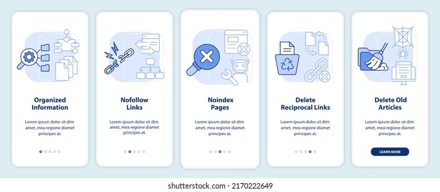 Search engine optimization principle light blue onboarding mobile app screen. Walkthrough 5 steps editable instructions with linear concepts. UI, UX, GUI template. Myriad Pro-Bold, Regular fonts used