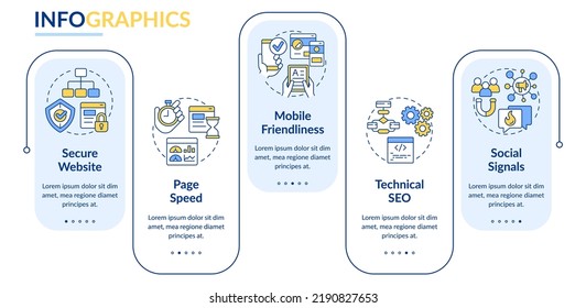 Search engine optimization ranking factors rectangle infographic template. Data visualization with 5 steps. Editable timeline info chart. Workflow layout with line icons. Lato-Bold, Regular fonts