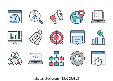 Search Engine Optimization related color line icon set. Business and marketing linear icons. SEO colorful outline vector sign collection.