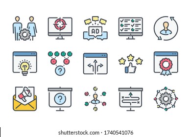 Search Engine Optimization related color line icon set. SEO and Marketing colorful linear icons. Advertisement flat color outline vector sign collection.