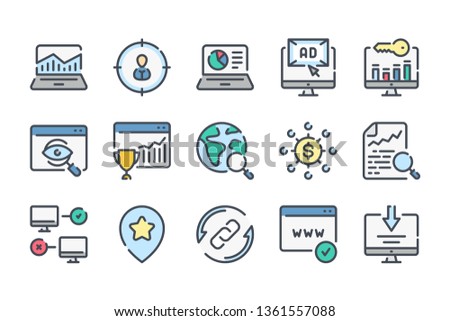 Search Engine Optimization related color line icon set. Business and marketing linear icons. SEO colorful outline vector sign collection.