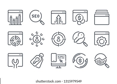 Search Engine Optimization related line icons. Business and marketing vector linear icon set.