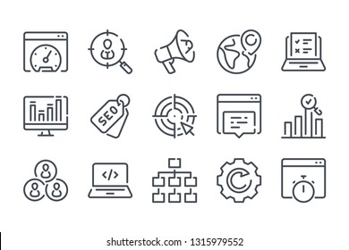 Search Engine Optimization related line icons. Business and marketing vector linear icon set.