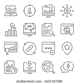 Search Engine Optimization related line icons. Business and marketing vector linear icon set.