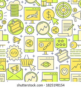 Search engine optimization seamless pattern in colored line style. Background with SEO symbols. Vector illustration.