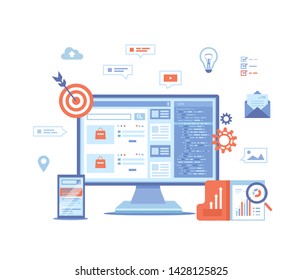 Search engine optimization, SEO, analytics, analysis, targeting, data monitoring, digital marketing. Monitor and phone with search results website on the screen Vector illustration on white background