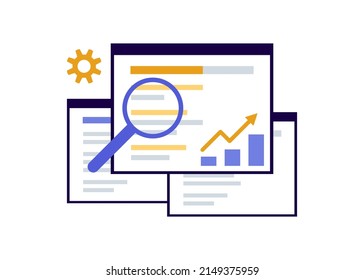 Search engine optimization, SEO optimization, analytics and advertising concept. Search screen with magnifier. Sign SEO top ranking for web. Vector illustration