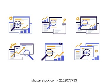 Search engine optimization, SEO optimization, analytics and advertising set concept. Search screen with magnifier. Sign SEO top ranking for web. Vector illustration