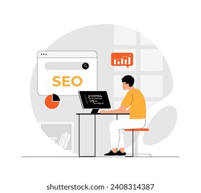 Search engine optimization. SEO analytics, Search engine ranking, Seo success, ranking. Digital content development. Illustration with people scene in flat design for website and mobile development.
