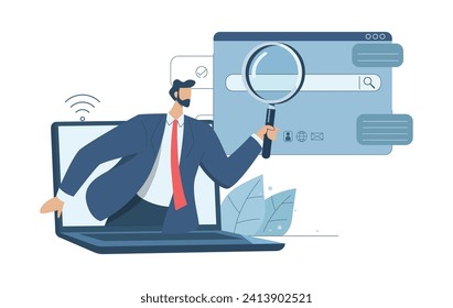 Search engine optimization, SEO. Analyze website page statistics, Internet marketing concepts, Businessmen searching online with magnifying glass in web browser bar. Vector design illustration.