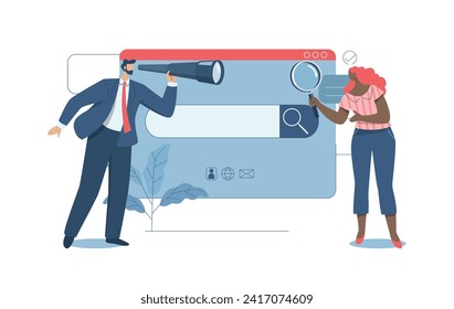 Search engine optimization, SEO. Analyze website page statistics, Internet marketing concepts,  Man with telescope and women searching online with magnifying glass in web browser bar. Vector design.