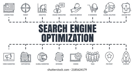 Search Engine Optimization. SEO banner web icon set. anchor text, copy writing, e commerce, coding, pin point, online consulting vector illustration concept.
