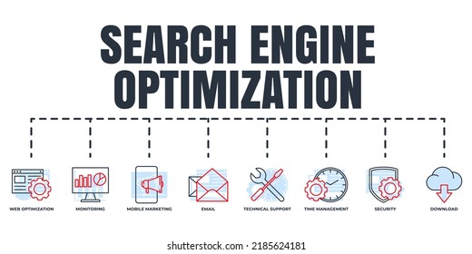 Search Engine Optimization. SEO banner web icon set. technical support, security, mobile marketing, monitoring, time management, web optimization, download, email vector illustration concept.