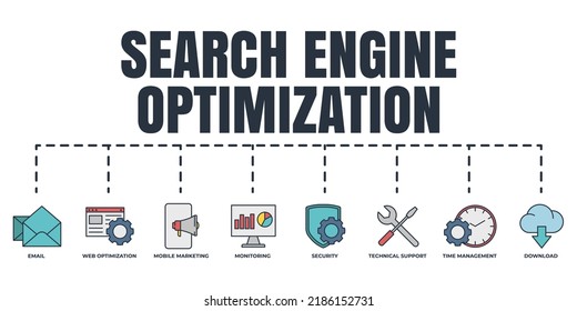 Search Engine Optimization. SEO banner web icon set. technical support, security, mobile marketing, monitoring, time management, web optimization, download, email vector illustration concept.