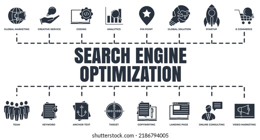 Optimización del motor de búsqueda. Juego de iconos web de banner SEO. texto de anclaje, escritura de copia, comercio electrónico, codificación, punto de anclaje, concepto de ilustración vectorial de consultoría en línea.
