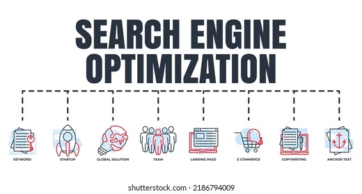 Search Engine Optimization. SEO banner web icon set. team, startup, global solution, landing page, anchor text, copy writing, e commerce, keyword vector illustration concept.