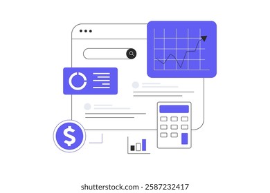 Search engine optimization SEO budget. Calculation of costs for website promotion. Analysis graphics and charts. Flat Cartoon Vector Illustration, icon. Stylish abstract