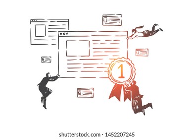 Search engine optimization, SEO concept sketch. Business people flying and holding company s website screen with winner s prize medal in hands. Hand drawn isolated vector illustration