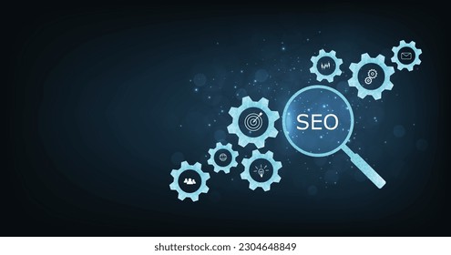 Search engine optimization (SEO) concept on dark blue background. Internet technology for business companies. Large magnifying glass for monitoring and analyzing data