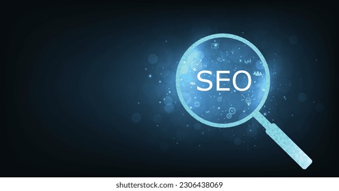 Search engine optimization (SEO) concept on dark blue background. Internet technology for business companies. Large magnifying glass for monitoring and analyzing data