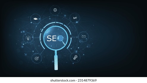 Search engine optimization (SEO) concept on dark blue background. Internet technology for business companies. Large magnifying glass for monitoring and analyzing data