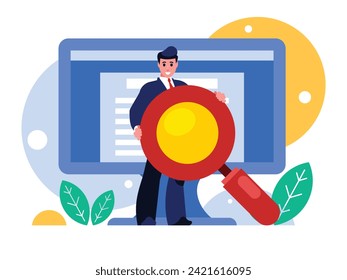 Search engine optimization. SEO concept. Businessman holding a huge magnifying glass. Background with a display on the screen with a text editor open. Vector graphics