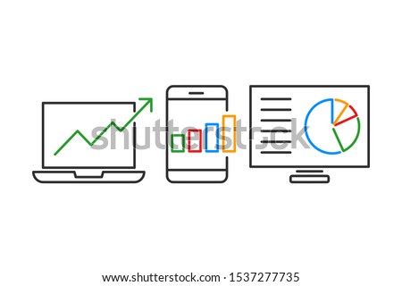 Search Engine Optimization SEO concept. SEO reporting, data monitoring, web traffic analytics, Seo optimization. Outline thin line illustration. Isolated on white background. 
