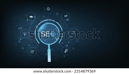 Search engine optimization (SEO) concept on dark blue background. Internet technology for business companies. Large magnifying glass for monitoring and analyzing data