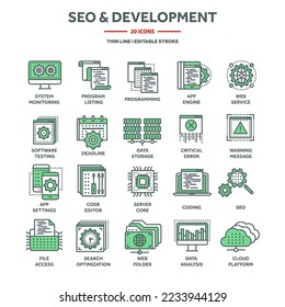 Search engine optimization, SEO and development. Internet technology, online services data protection. Information security, data sharing, backup. Thin line web icons set. Vector illustration