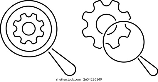 ícone seo de otimização do mecanismo de pesquisa. Mecanismo de pesquisa de engrenagens de lupa. otimização seo configurações ícones de configuração. ícone de engrenagem
