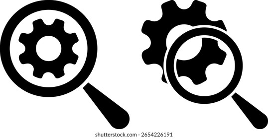 ícone seo de otimização do mecanismo de pesquisa. Mecanismo de pesquisa de engrenagens de lupa. otimização seo configurações ícones de configuração. ícone de engrenagem
