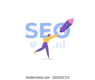 Suchmaschinenoptimierung oder SEO. SEO-Optimierung, um den Traffic-Besuch zu erhöhen und eine Website auf den ersten Platz der Suchmaschine erscheinen. SEO-Spezialisten. Design des Illustrationskonzepts. grafisch