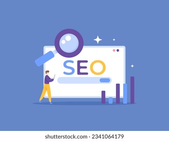 search engine optimization or SEO. SEO optimization to increase the traffic visit and put a website to appear in the first place of search engine. SEO specialists. illustration concept design. graphic