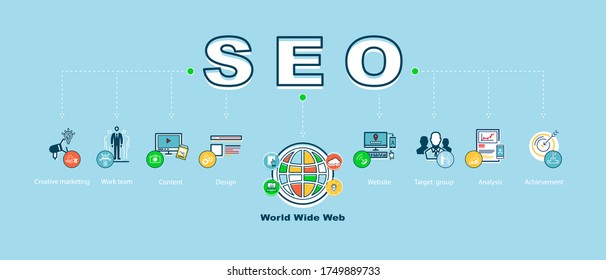 Search Engine Optimization, SEO. info graphics, icons template for business, presentation flat design with 9 options signs. Can used in business technology, Infographic, process steps, website, vector