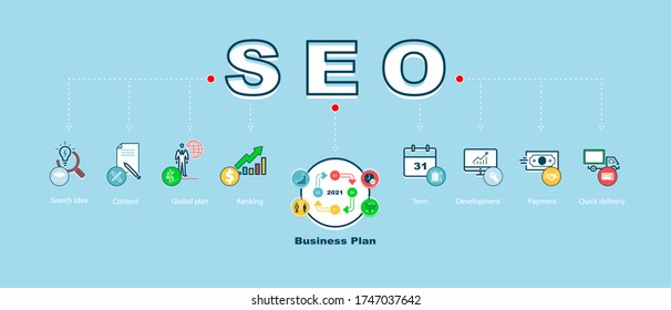 Search Engine Optimization, SEO. Infographic chart template for business, presentation label design with 9 options icons.Can used in annual reports, information graphics, process steps, website,vector